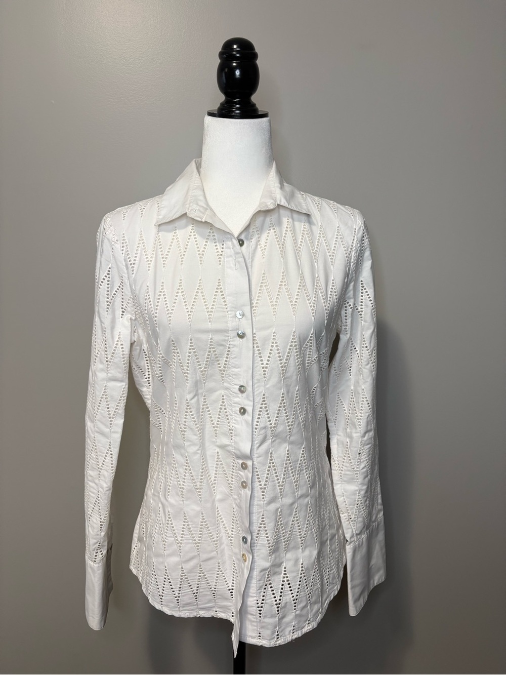 Tristan White Eyelet Pattern Long Sleeve Button Down Cotton Blouse
